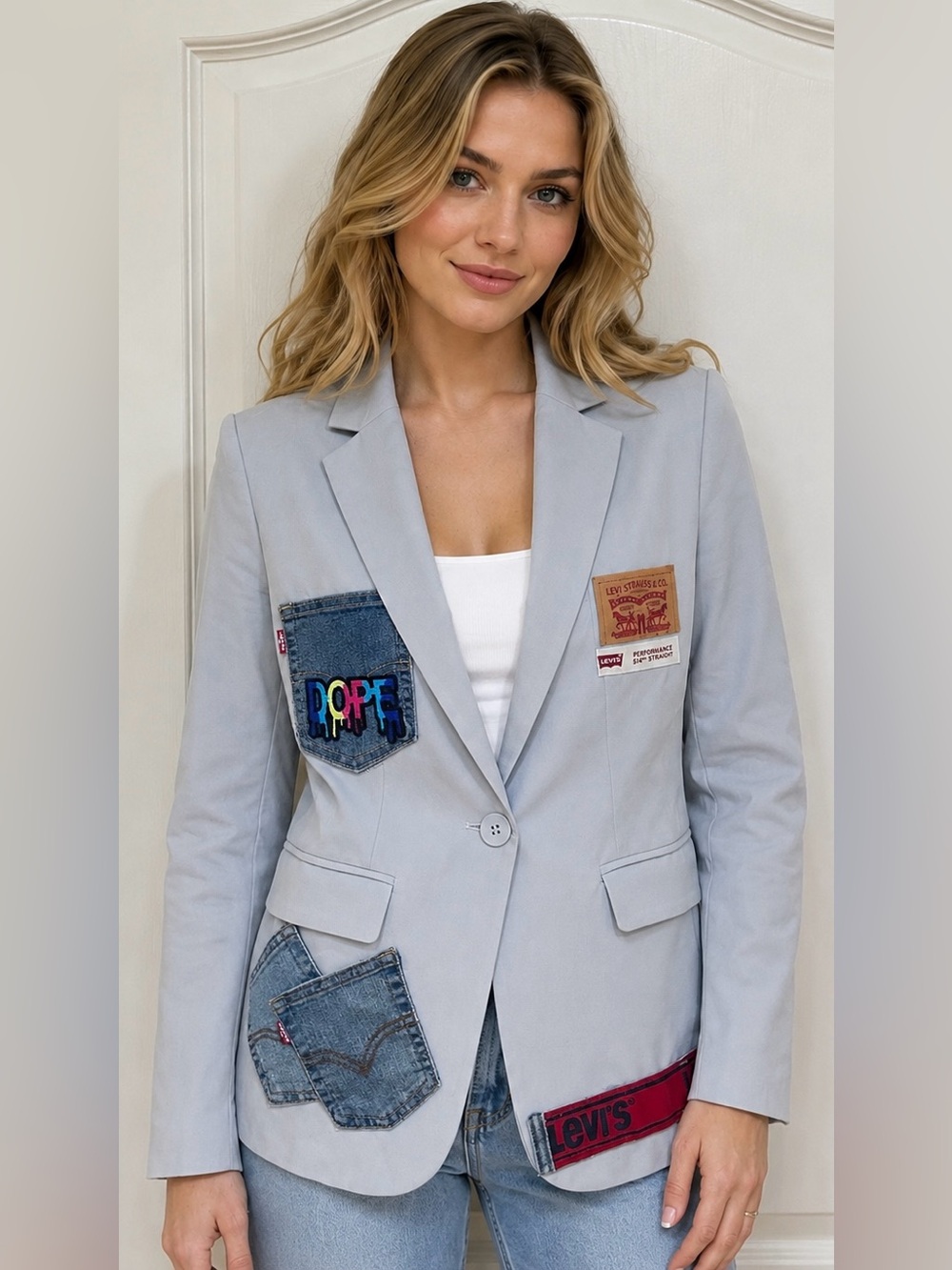Upcycled Levi's inspired Light blue Patchwork Blazer size S